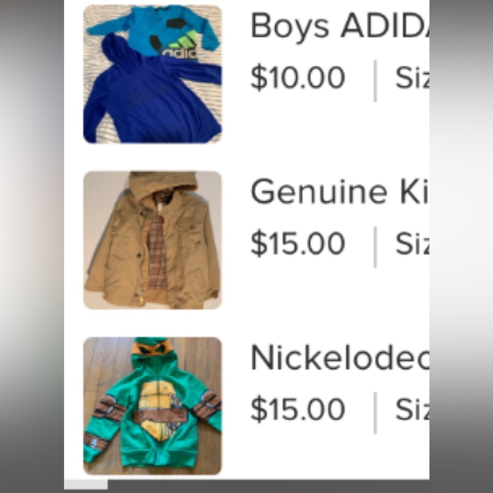 FOR ASHLEY D. 
Adidas shirts. Khaki jacket. Ninja turtle hoodie
